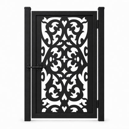 Design 041 open symmetrical leaf black laser cut metal pedestrian gate closed view