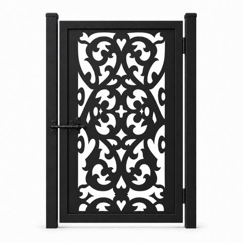 Design 041 open symmetrical leaf black laser cut metal pedestrian gate closed view