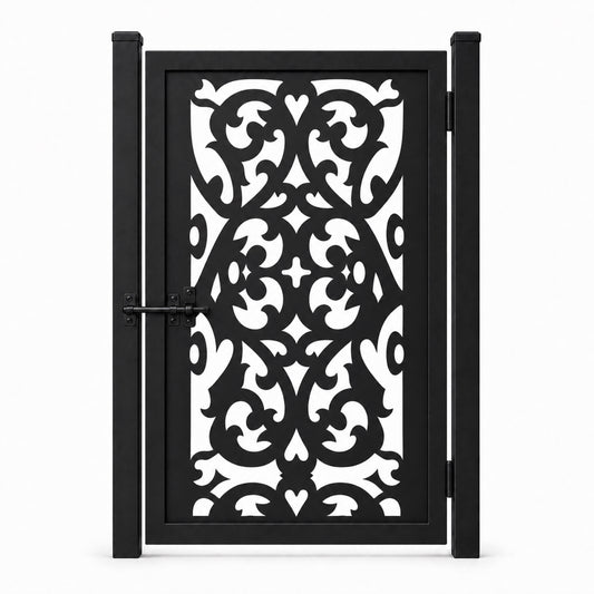 Design 041 open symmetrical leaf black laser cut metal pedestrian gate closed view