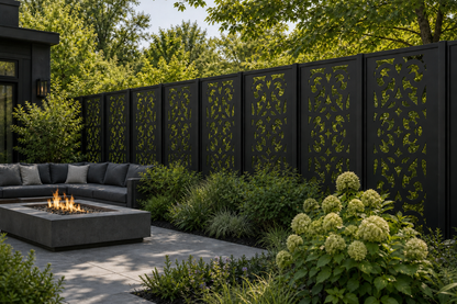 Design 041 Scroll Damask Laser Cut Metal Privacy Screen Panel installed garden daylight view