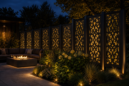 Design 041 Scroll Damask Laser Cut Metal Privacy Screen Panel installed garden night lighting view