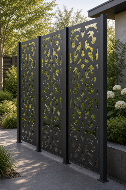 Design 041 Scroll Damask Laser Cut Metal Privacy Screen Panel oblique angle view