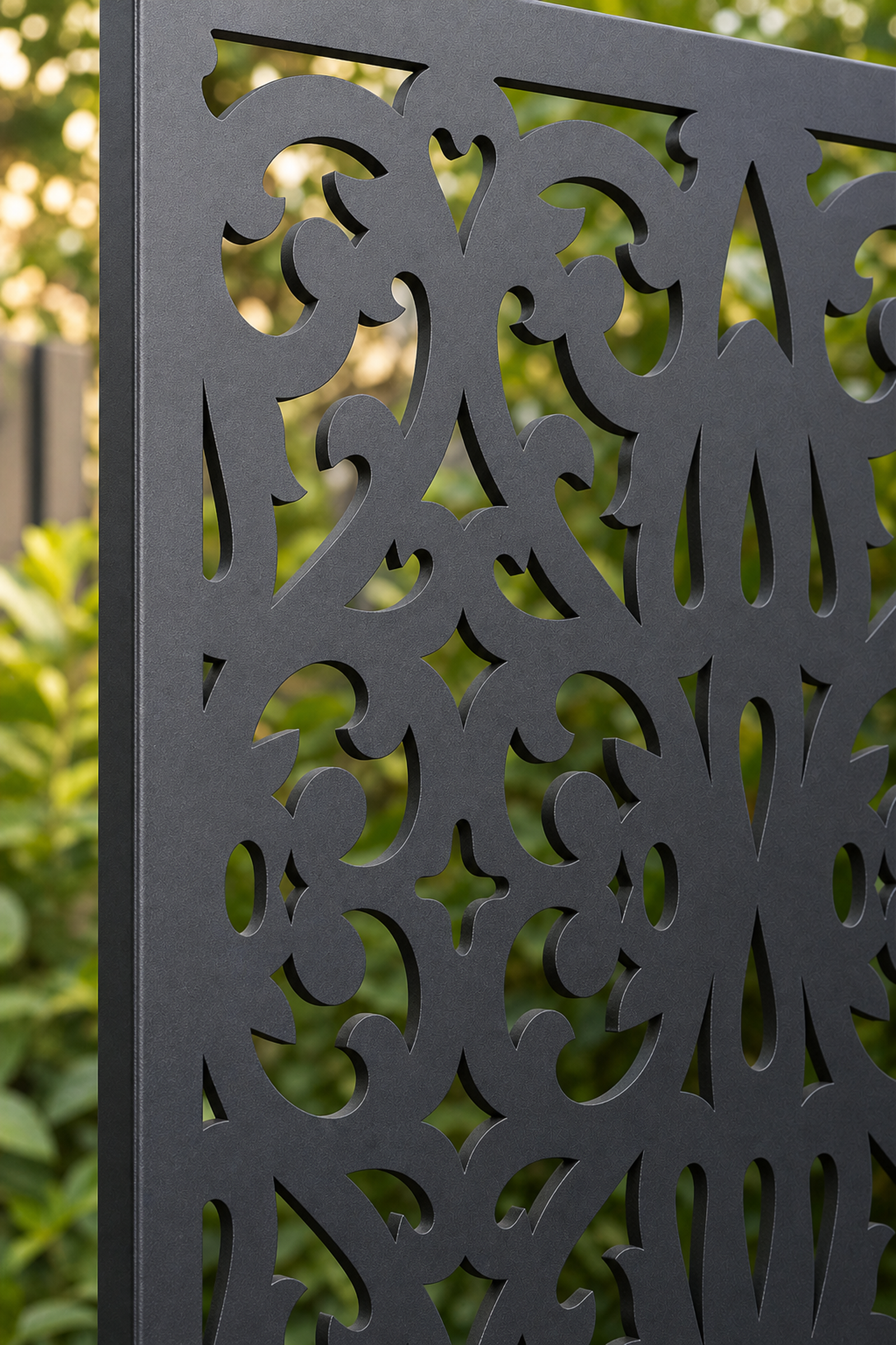 Design 041 Scroll Damask Laser Cut Metal Privacy Screen Panel close-up detail view
