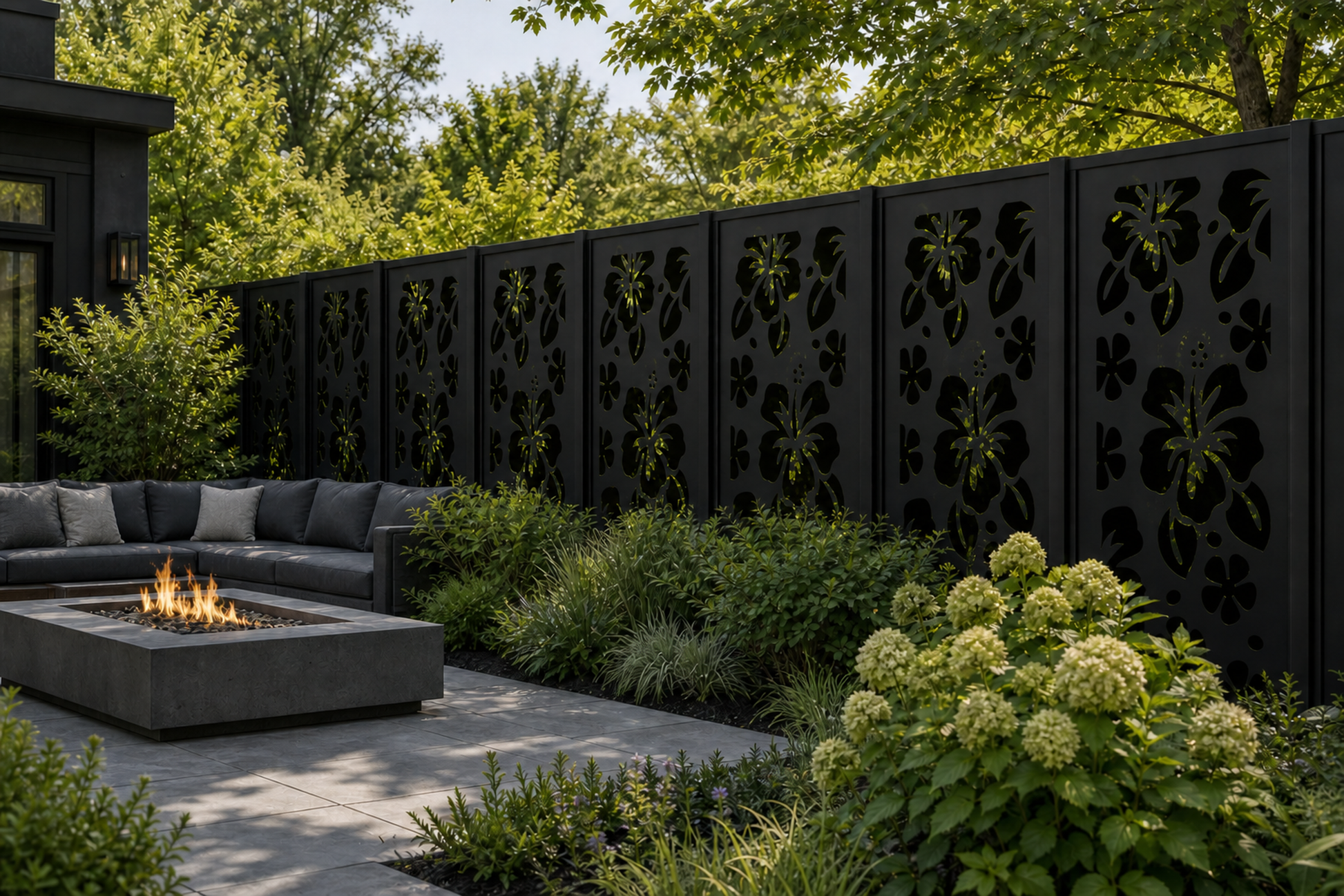Design 042 Hibiscus Flowers Laser Cut Metal Privacy Screen Panel installed garden daylight view