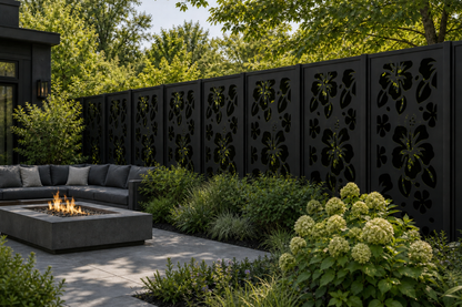 Design 042 Hibiscus Flowers Laser Cut Metal Privacy Screen Panel installed garden daylight view