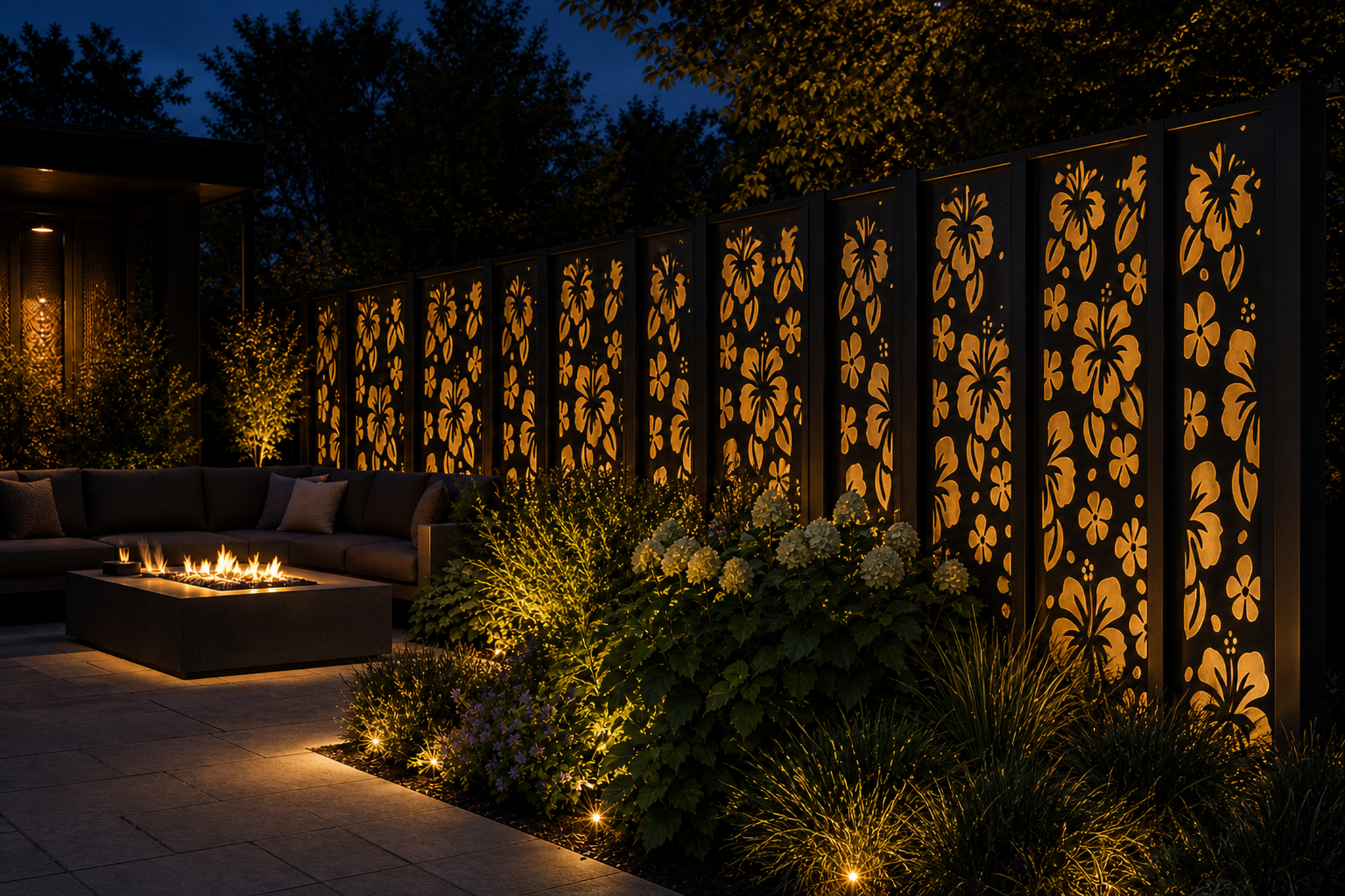 Design 042 Hibiscus Flowers Laser Cut Metal Privacy Screen Panel installed garden night lighting view