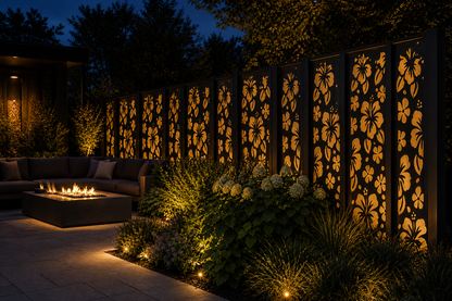 Design 042 Hibiscus Flowers Laser Cut Metal Privacy Screen Panel installed garden night lighting view