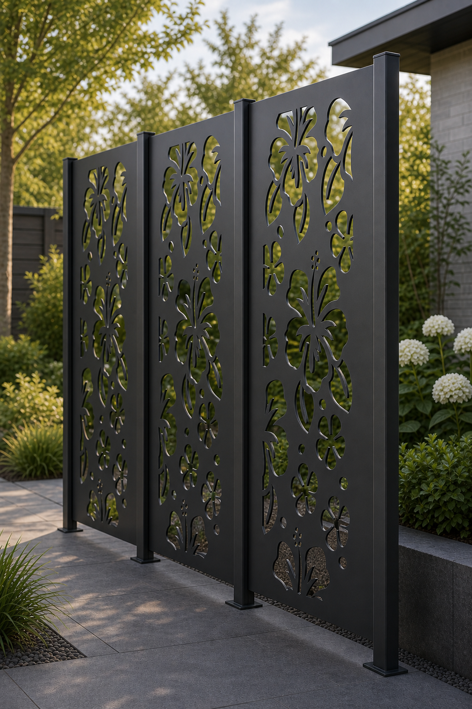 Design 042 Hibiscus Flowers Laser Cut Metal Privacy Screen Panel oblique angle view