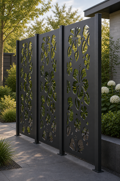 Design 042 Hibiscus Flowers Laser Cut Metal Privacy Screen Panel oblique angle view