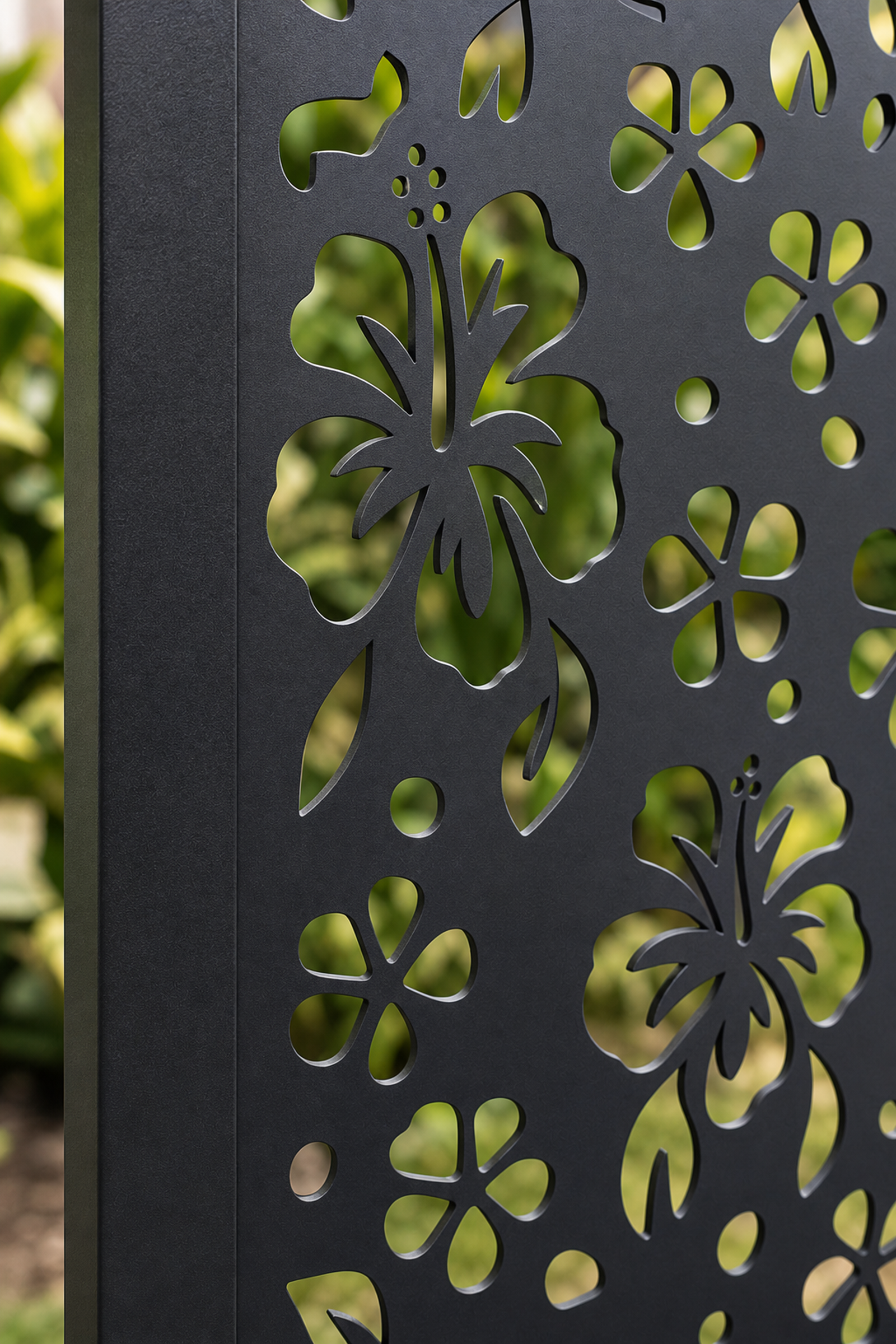 Design 042 Hibiscus Flowers Laser Cut Metal Privacy Screen Panel close-up detail view