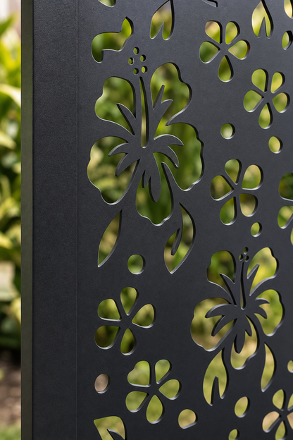 Design 042 Hibiscus Flowers Laser Cut Metal Privacy Screen Panel close-up detail view