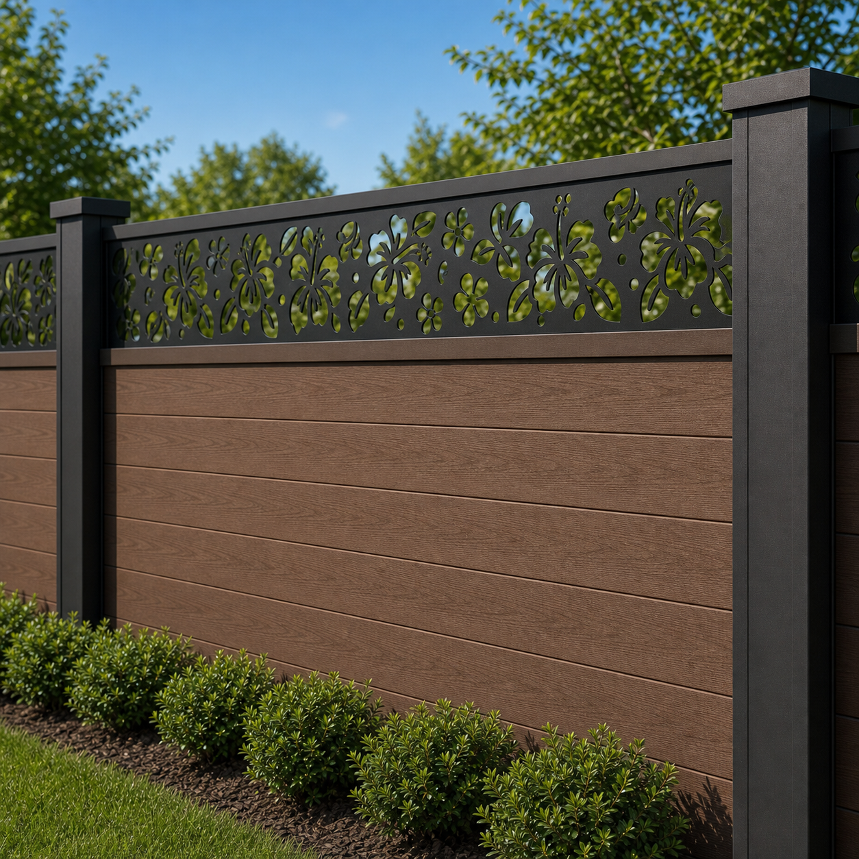 Mini Daisy Rail laser cut fence extension panel installed on composite fence, angle view, Design 042