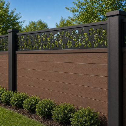 Mini Daisy Rail laser cut fence extension panel installed on composite fence, angle view, Design 042