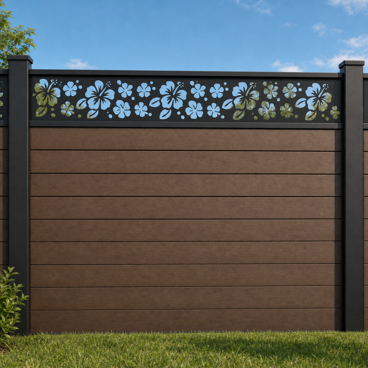 Mini Daisy Rail metal fence topper installed above WPC composite privacy fence, front view, Design 042