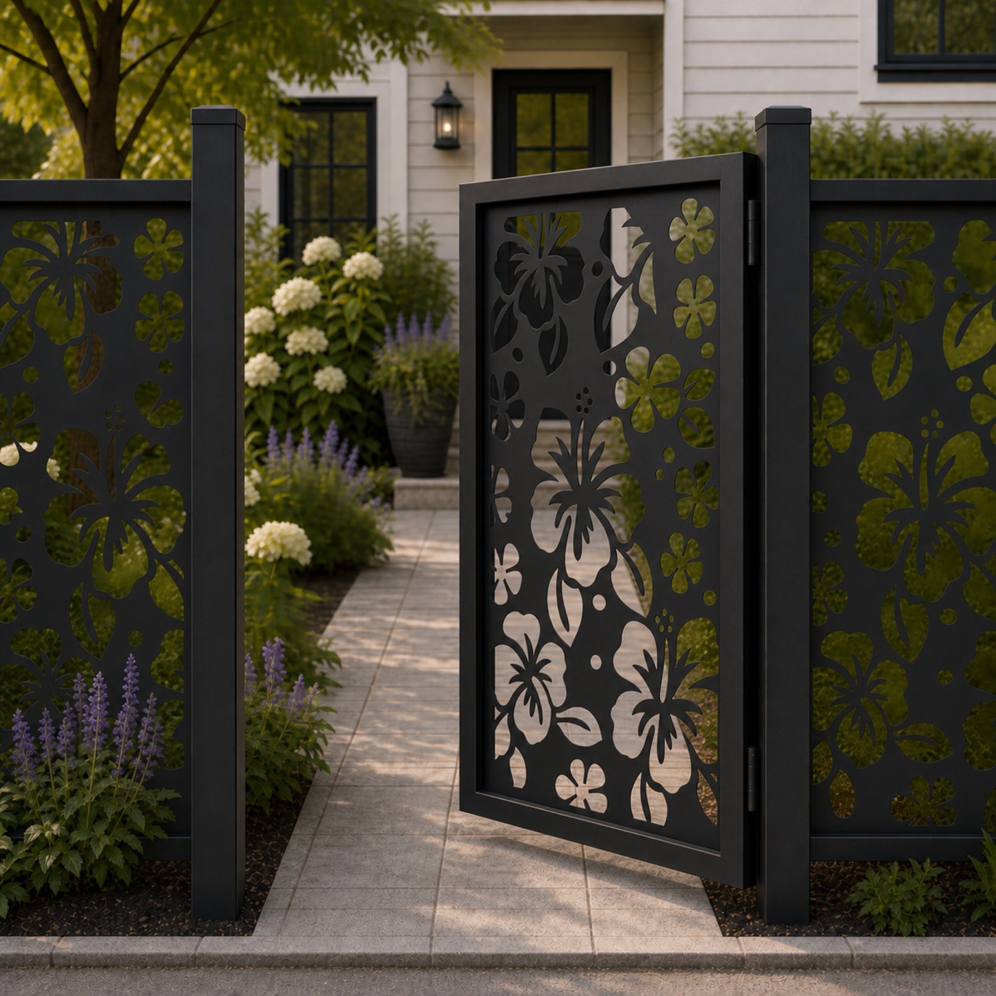 Design 042 tropical floral leaf black aluminium side gate open view