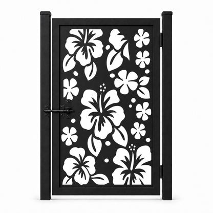 Design 042 tropical floral leaf black laser cut metal pedestrian gate closed view