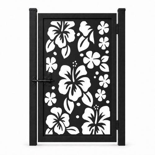 Design 042 tropical floral leaf black laser cut metal pedestrian gate closed view