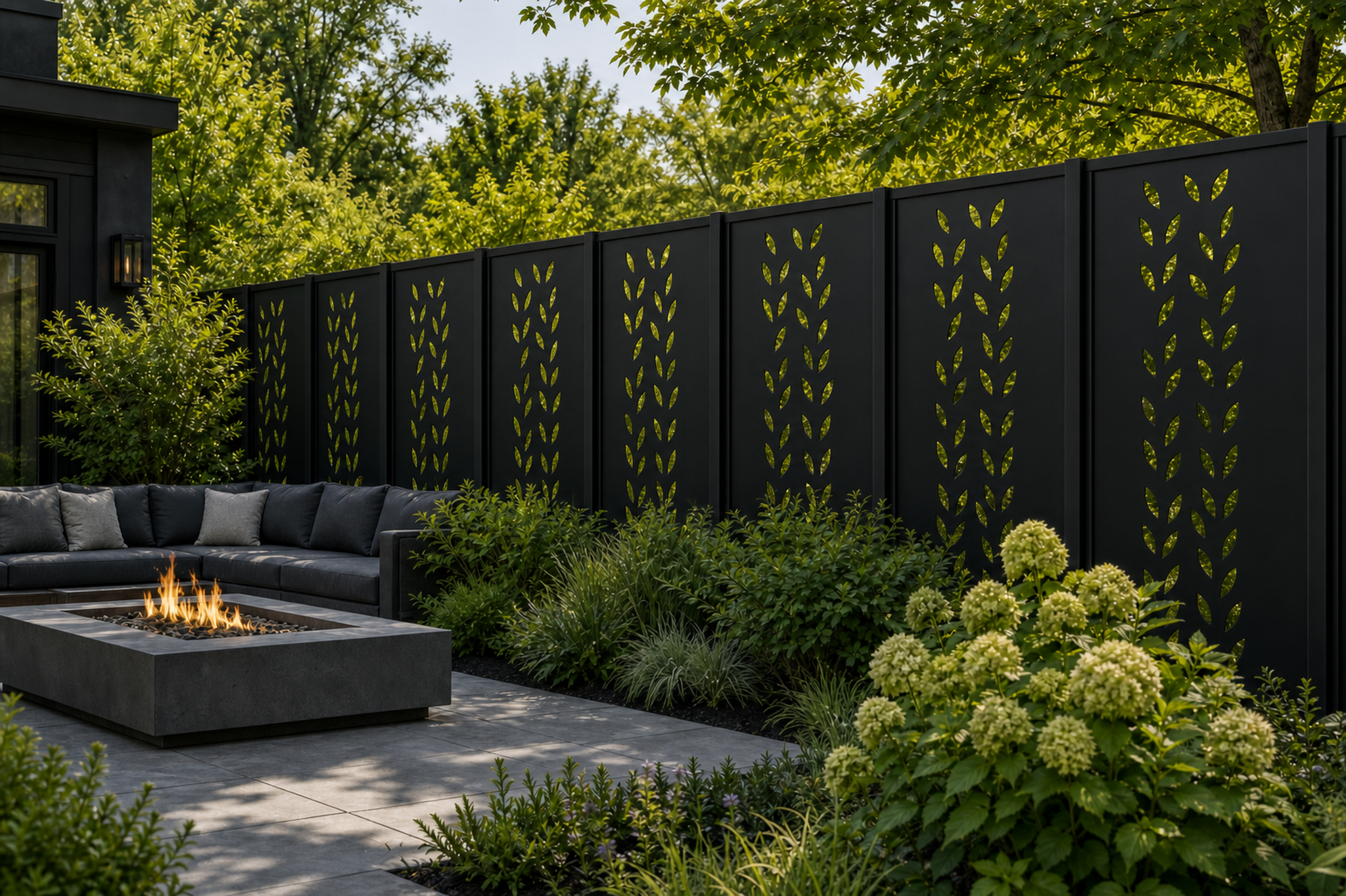 Design 043 Falling Leaves Laser Cut Metal Privacy Screen Panel installed garden daylight view