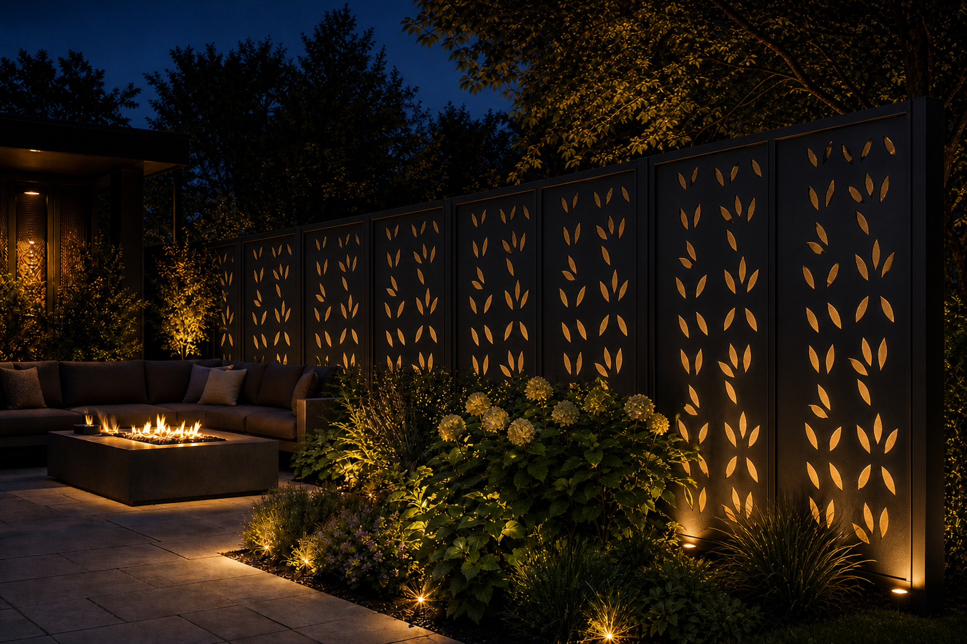 Design 043 Falling Leaves Laser Cut Metal Privacy Screen Panel installed garden night lighting view