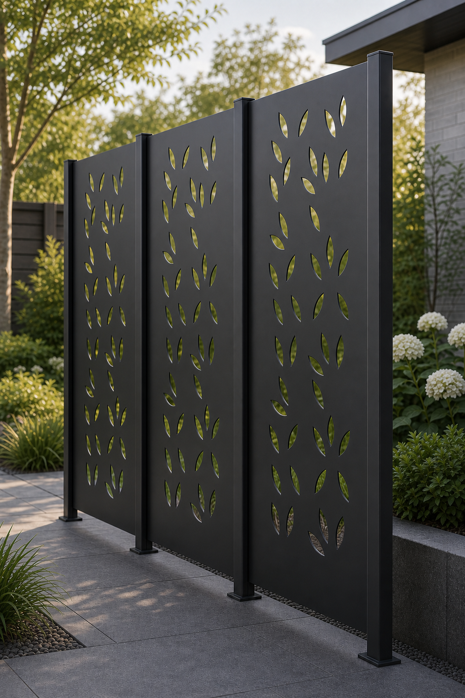 Design 043 Falling Leaves Laser Cut Metal Privacy Screen Panel oblique angle view