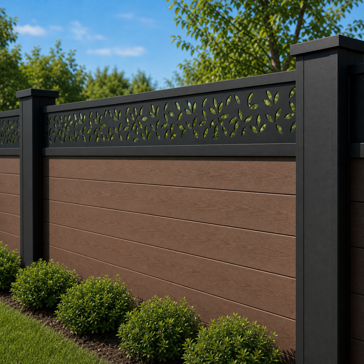 Fine Sprig Lace laser cut fence extension panel installed on composite fence, angle view, Design 043