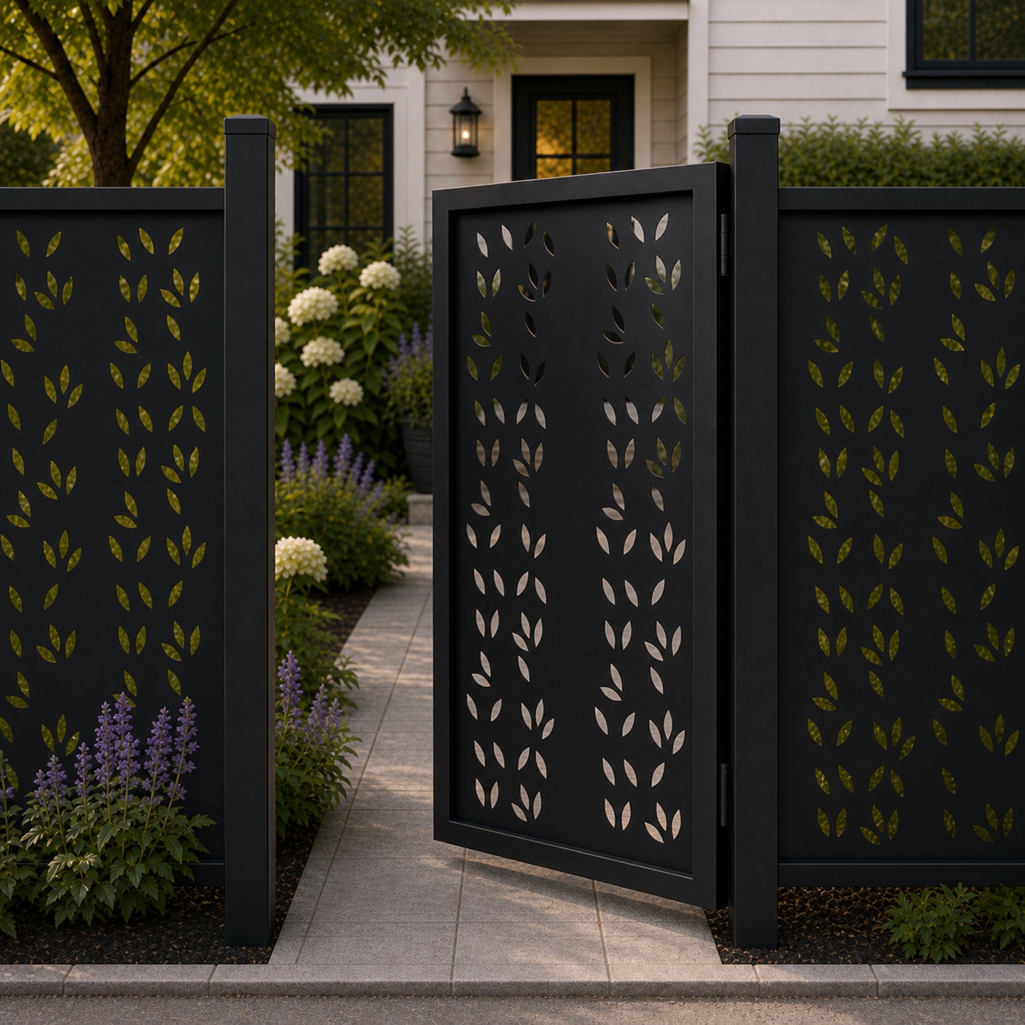 Design 043 scattered leaf black aluminium side gate open view