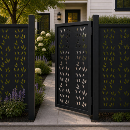 Design 043 scattered leaf black aluminium side gate open view