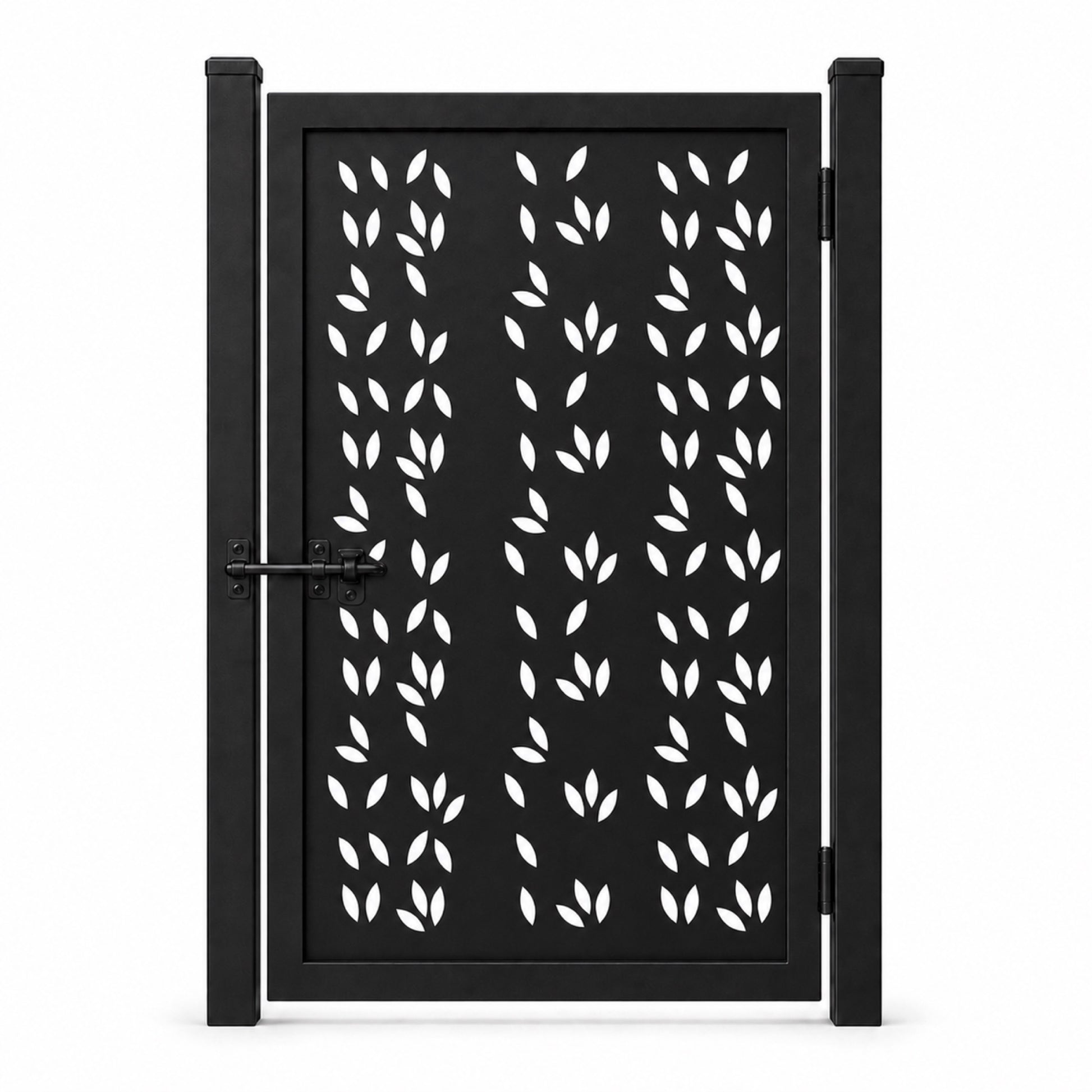 Design 043 scattered leaf black laser cut metal pedestrian gate closed view
