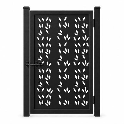 Design 043 scattered leaf black laser cut metal pedestrian gate closed view