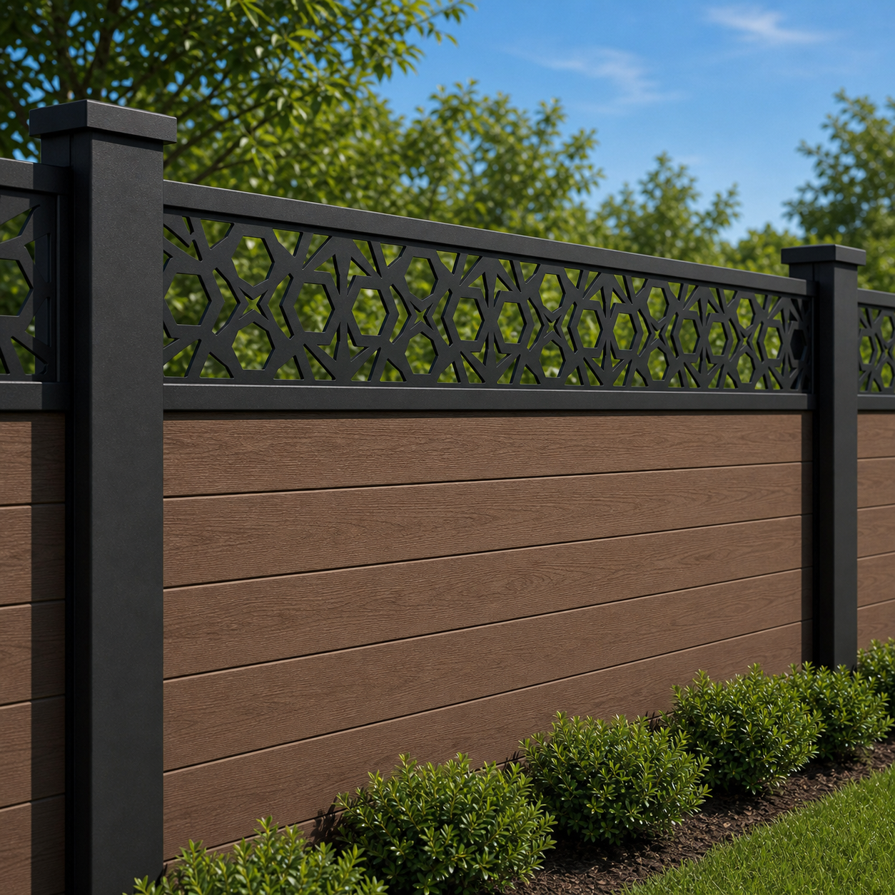Circle Medallion Trellis laser cut fence extension panel installed on composite fence, angle view, Design 044
