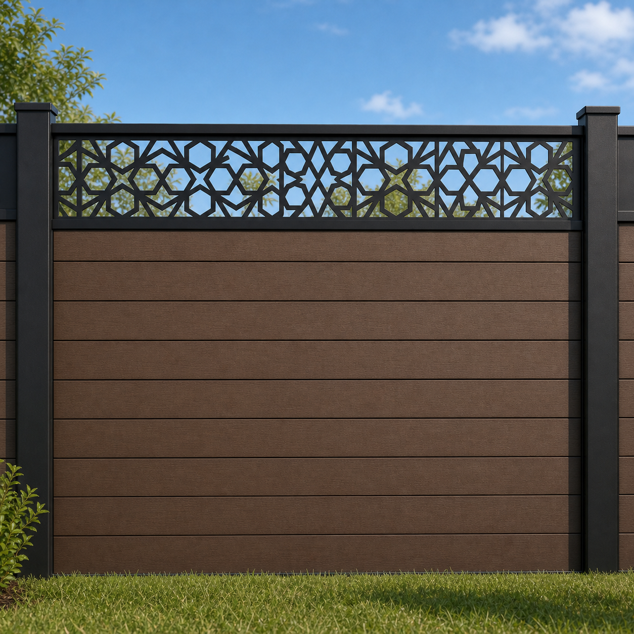 Circle Medallion Trellis metal fence topper installed above WPC composite privacy fence, front view, Design 044