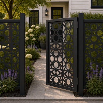 Design 044 geometric hexagon star black aluminium side gate open view