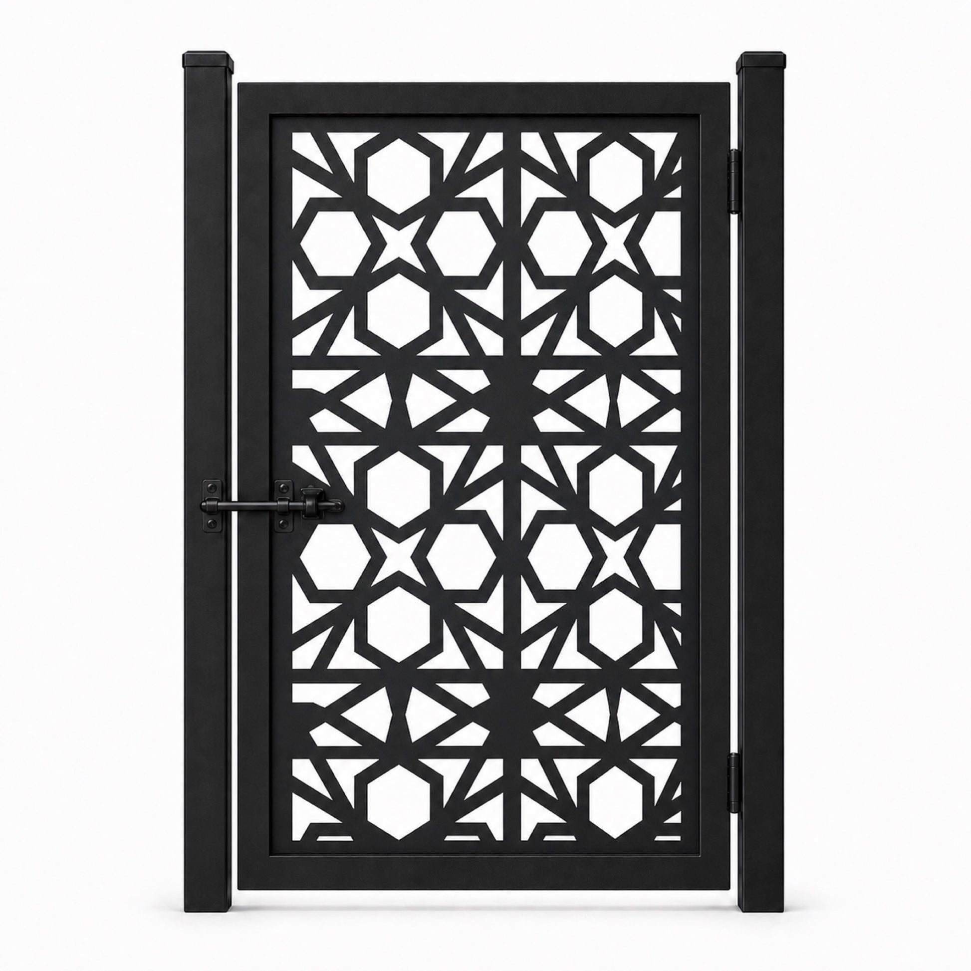 Design 044 geometric hexagon star black laser cut metal pedestrian gate closed view
