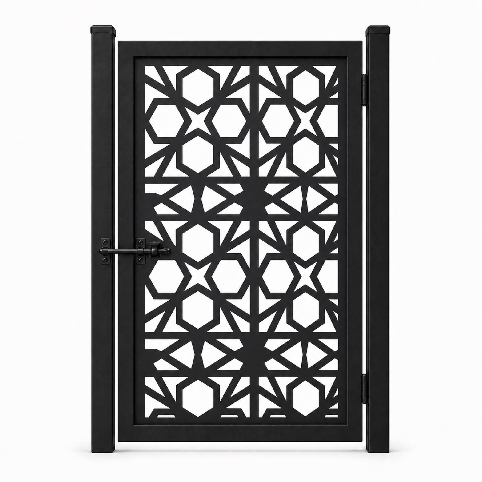 Design 044 geometric hexagon star black laser cut metal pedestrian gate closed view