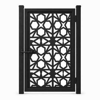 Design 044 geometric hexagon star black laser cut metal pedestrian gate closed view