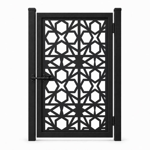 Design 044 geometric hexagon star black laser cut metal pedestrian gate closed view