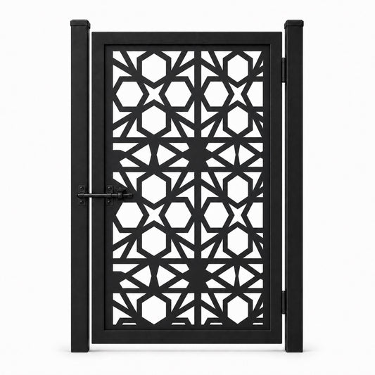 Design 044 geometric hexagon star black laser cut metal pedestrian gate closed view