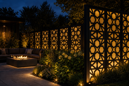 Design 044 Moroccan Diamond Laser Cut Metal Privacy Screen Panel installed garden night lighting view