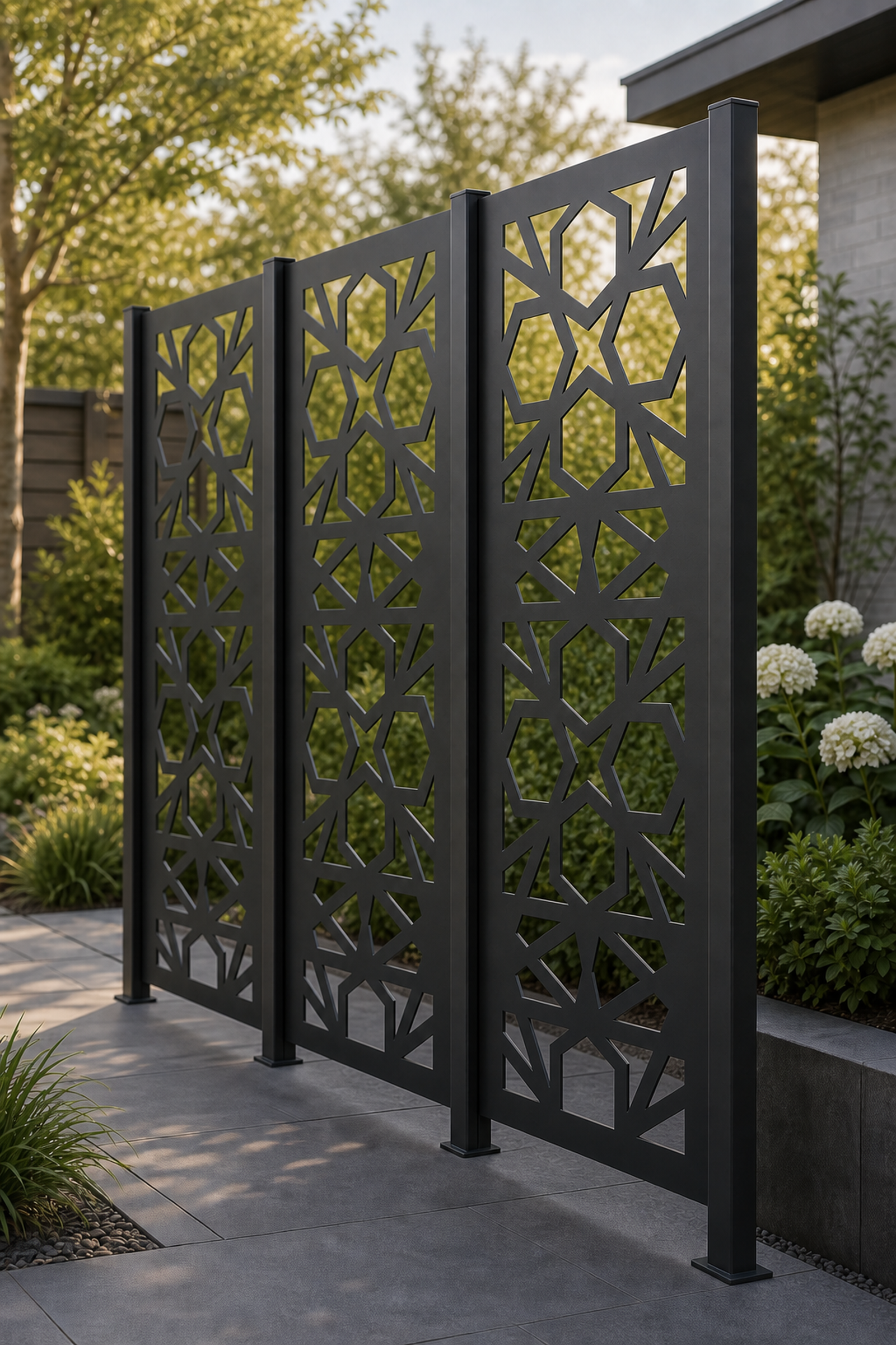 Design 044 Moroccan Diamond Laser Cut Metal Privacy Screen Panel oblique angle view