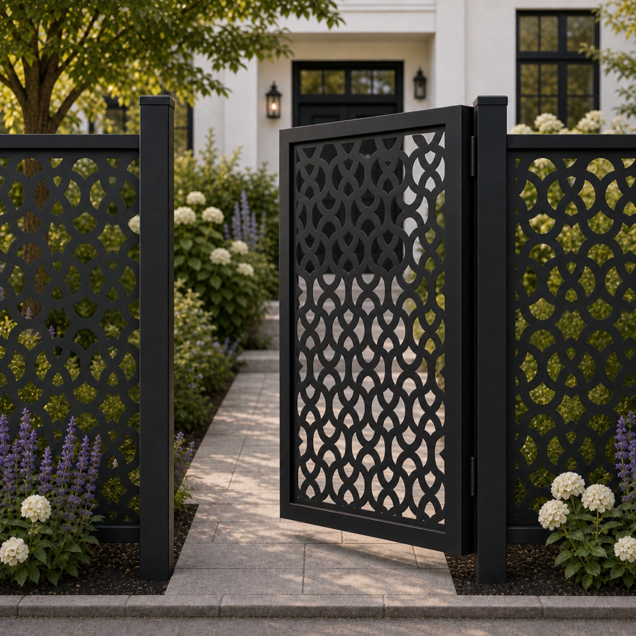 Design 045 fish scale arc black aluminium side gate open view