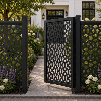 Design 045 fish scale arc black aluminium side gate open view