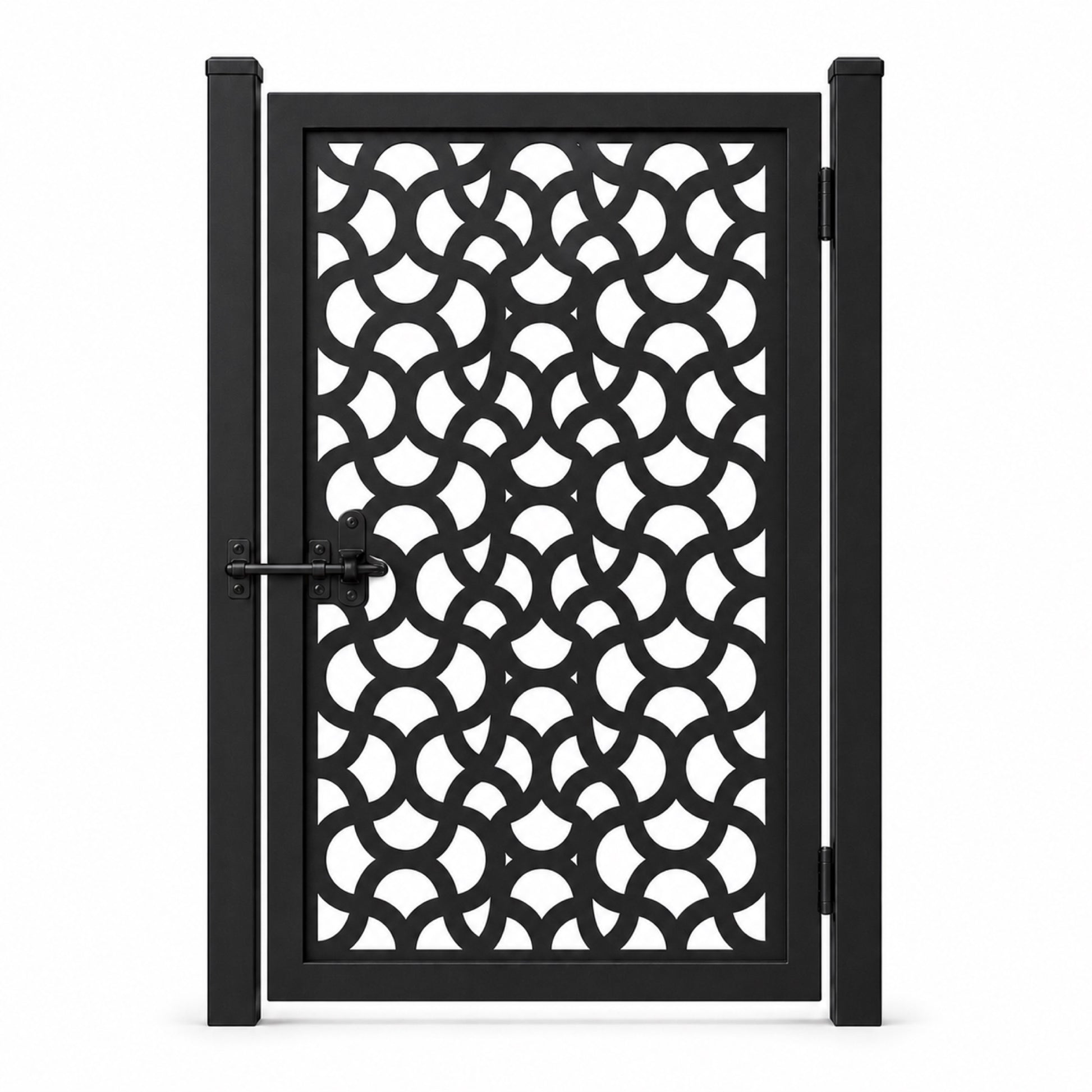 Design 045 fish scale arc black laser cut metal pedestrian gate closed view