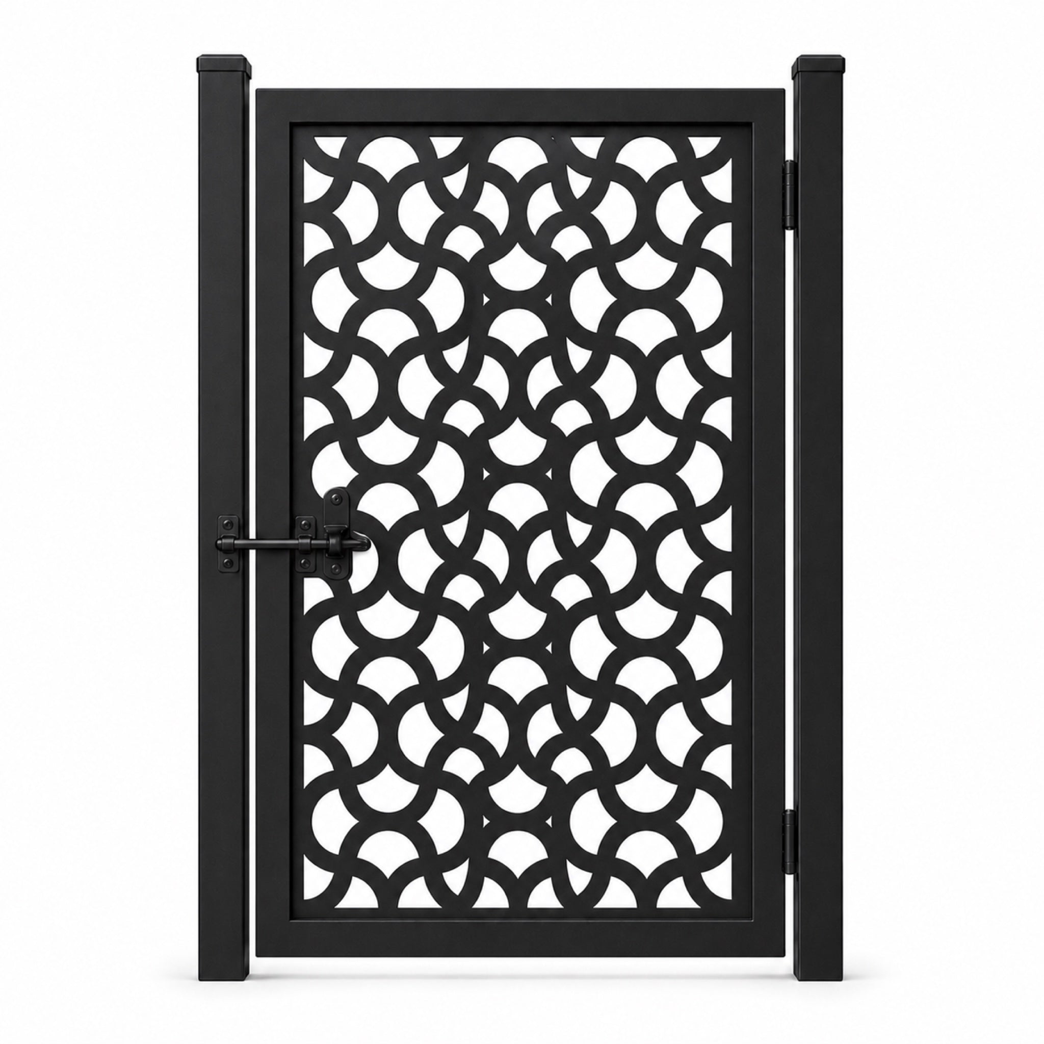 Design 045 fish scale arc black laser cut metal pedestrian gate closed view