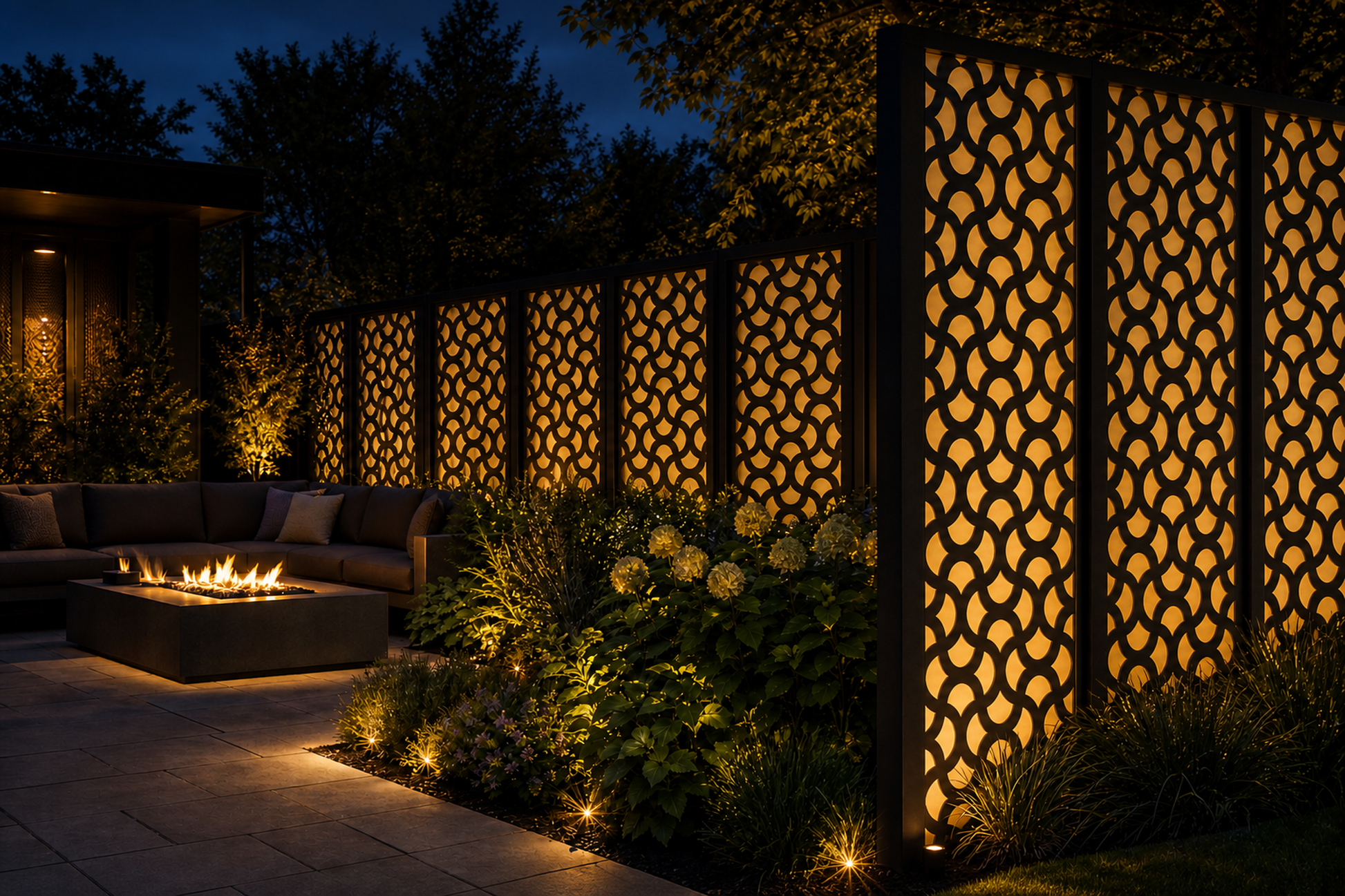 Design 045 Honeycomb Circles Laser Cut Metal Privacy Screen Panel installed garden night lighting view