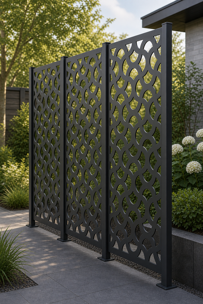 Design 045 Honeycomb Circles Laser Cut Metal Privacy Screen Panel oblique angle view
