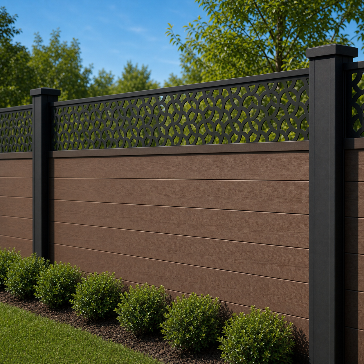 Honeycomb Micro Grid laser cut fence extension panel installed on composite fence, angle view, Design 045