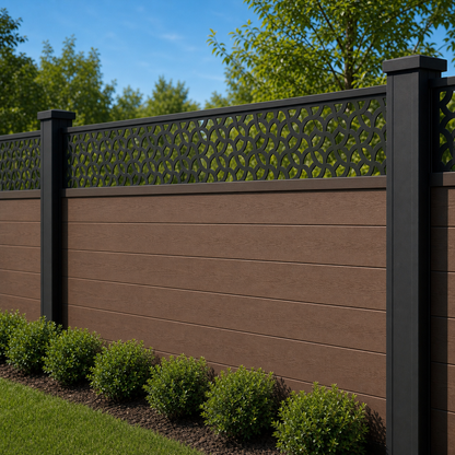 Honeycomb Micro Grid laser cut fence extension panel installed on composite fence, angle view, Design 045