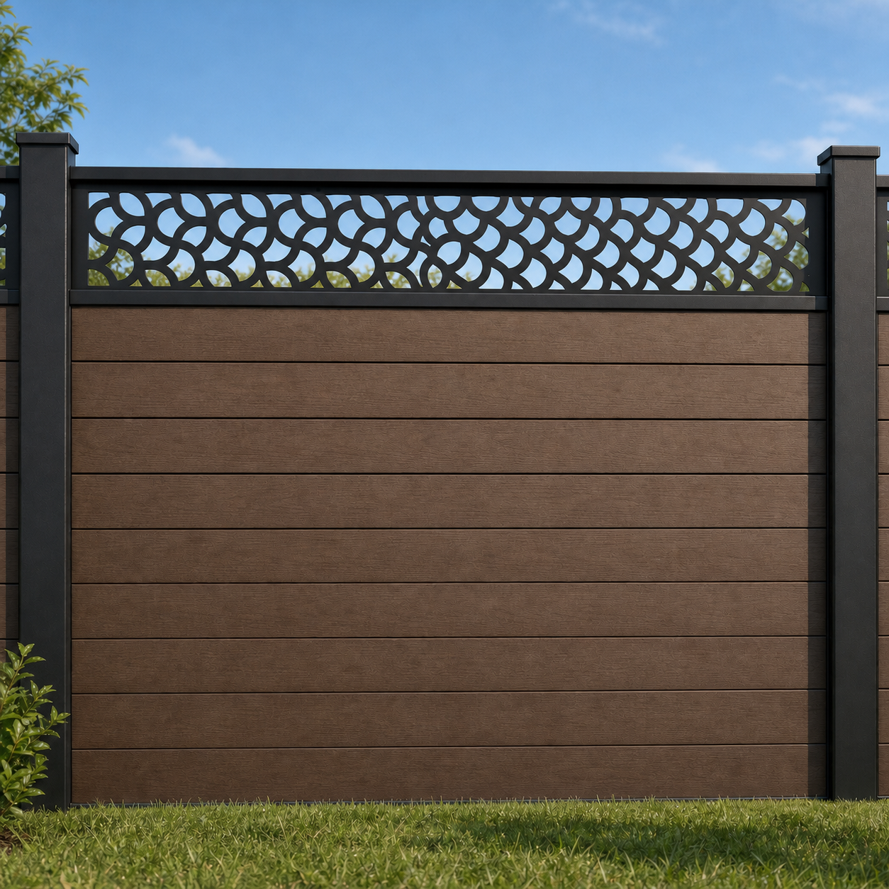 Honeycomb Micro Grid metal fence topper installed above WPC composite privacy fence, front view, Design 045