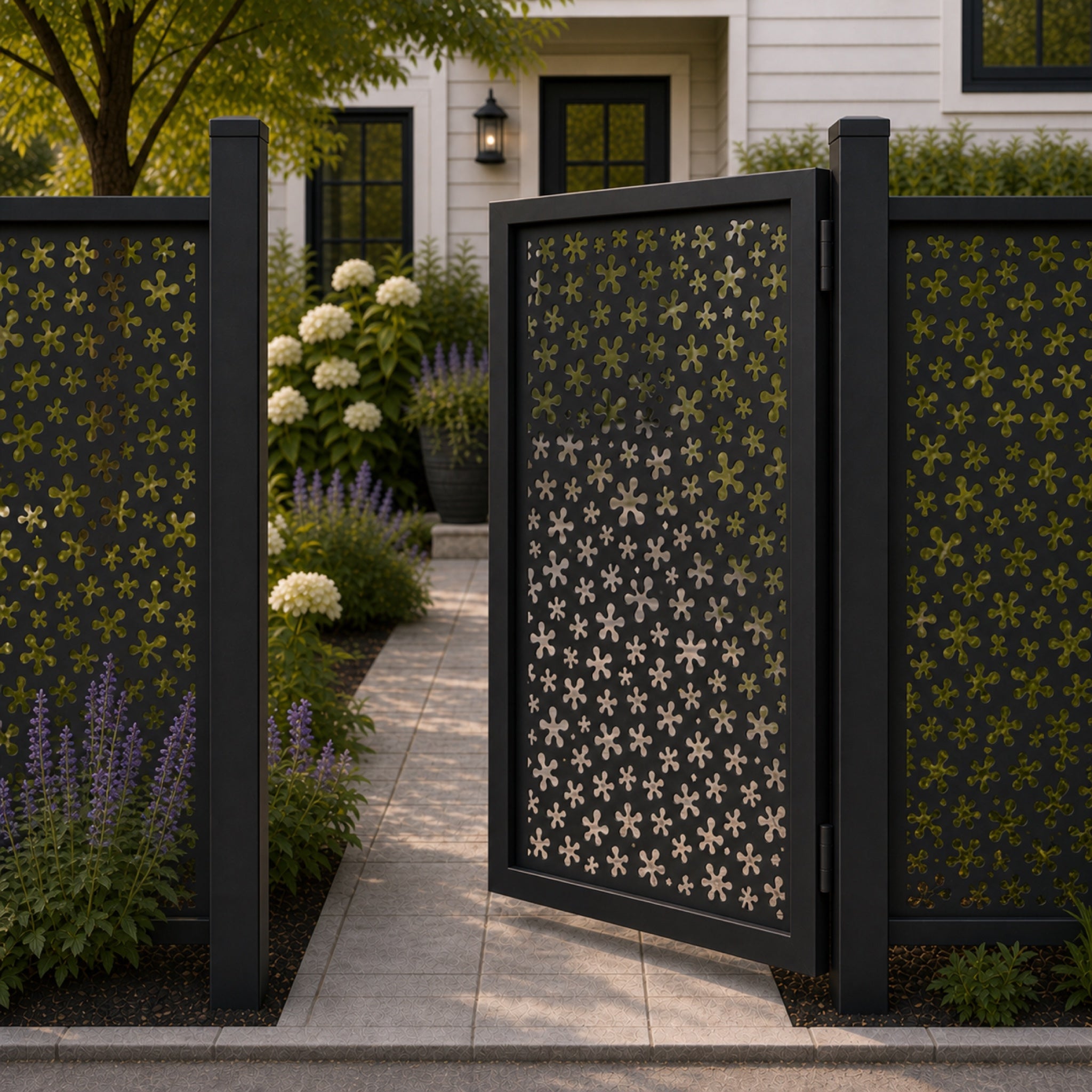 Design 046 allover small floral black aluminium side gate open view