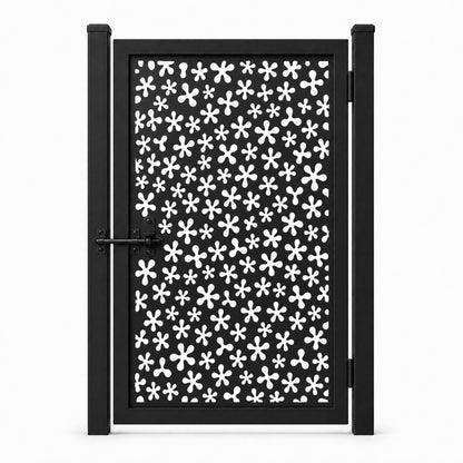Design 046 allover small floral black laser cut metal pedestrian gate closed view